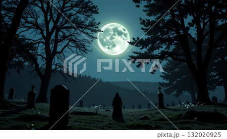 A nighttime scene in what appears to be a cemetery. The cemetery is illuminated by full moonlight, creating an eerie atmosphere 132020925