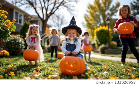There are three children playing in a park during the autumn season 132020958