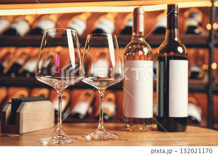 Elegant Wine Setup on Wooden Table Elegant Wine Setup on Wooden Table 132021170