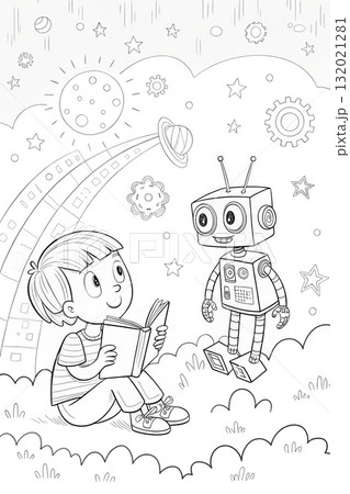 Boy and Robot Reading Coloring Page. Cute Space-Themed Kids Illustration with Stars and Planets | Printable Coloring Book Art 132021281