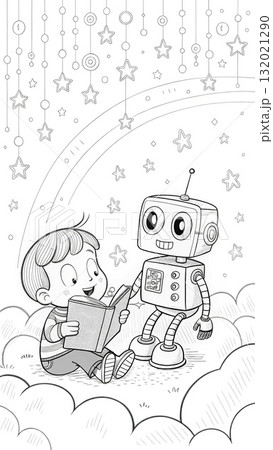 Boy and Robot Reading Coloring Page. Cute Space-Themed Kids Illustration with Stars and Planets | Printable Coloring Book Art 132021290