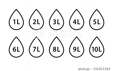 Water capacity icons set. Liquid volume symbol from 1 to 10 liters. Water drop line icon. Fluid volume. L sign. Scale for liquid. Vector illustration isolated on white background Water capacity icons set. Liquid volume symbol from 1 to 10 liters. Water drop line icon. Fluid volume. L sign. Scale for liquid. Vector illustration isolated on white background 132021393