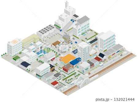 (アイソメトリック)日本の駅前と都市インフラの街並み(住宅、ゴミ処理施設、倉庫、学校、病院) (アイソメトリック)日本の駅前と都市インフラの街並み(住宅、ゴミ処理施設、倉庫、学校、病院) 132021444