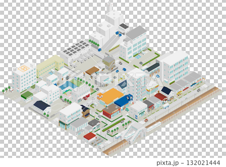 (Isometric) Japanese station area and urban infrastructure cityscape (houses, waste disposal facilities, warehouses, schools, hospitals) 132021444