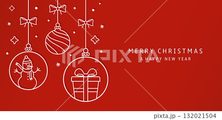 Christmas card with holidays decoration. Christmas decoration hanging on red background with shadow 132021504