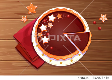 Christmas pie chocolate with slice decorated with gingerbread srats and cranberry top view on holiday plate on wooden table in cartoon style. 132021616