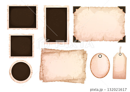 Set vintage labels tags with rope oval, aged paper carton isolated on white background, textured empty frames. Set vintage labels tags with rope oval, aged paper carton isolated on white background, textured empty frames. 132021617