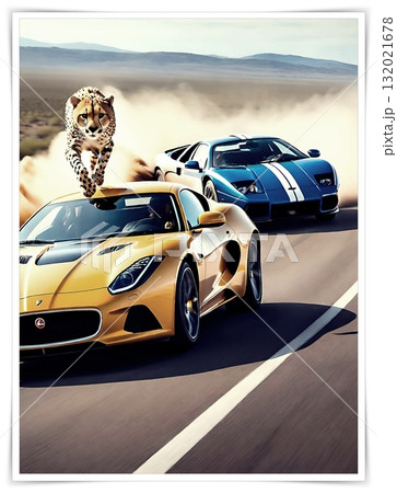 Cheetah vs Supercars on Dusty Savannah Road.A surreal race of speed wild cheetah and luxury sports cars sprint side by side in a cinematic savannah setting. Cheetah vs Supercars on Dusty Savannah Road.A surreal race of speed wild cheetah and luxury sports cars sprint side by side in a cinematic savannah setting. 132021678