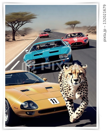 Cheetah vs Supercars on Dusty Savannah Road.A surreal race of speed wild cheetah and luxury sports cars sprint side by side in a cinematic savannah setting. 132021679