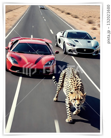 Cheetah vs Supercars on Dusty Savannah Road.A surreal race of speed wild cheetah and luxury sports cars sprint side by side in a cinematic savannah setting. Cheetah vs Supercars on Dusty Savannah Road.A surreal race of speed wild cheetah and luxury sports cars sprint side by side in a cinematic savannah setting. 132021680