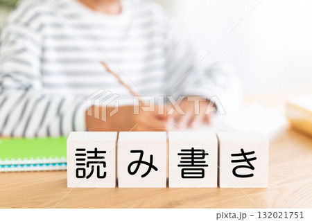 読み書きのブロックと勉強をする小学生の男の子 132021751