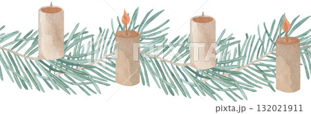 Candles and green fir branches seamless pattern border watercolor hand drawn isolated from background. Holiday horizontal frame for greeting cards, wrapping paper, scrapbooking, invitations, decor 132021911