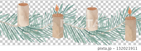 Candles and green fir branches seamless pattern border watercolor hand drawn isolated from background. Holiday horizontal frame for greeting cards, wrapping paper, scrapbooking, invitations, decor Candles and green fir branches seamless pattern border watercolor hand drawn isolated from background. Holiday horizontal frame for greeting cards, wrapping paper, scrapbooking, invitations, decor 132021911