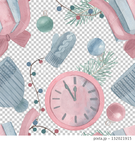 Watercolor hand drawn seamless pattern Christmas toys balls, gift, clock, knitted mitten and hat. For invitations, cards, posters, seasonal decor, winter holidays scrapbooking, New year wrapping paper Watercolor hand drawn seamless pattern Christmas toys balls, gift, clock, knitted mitten and hat. For invitations, cards, posters, seasonal decor, winter holidays scrapbooking, New year wrapping paper 132021915