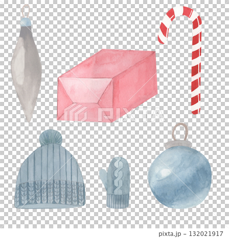 Festive watercolor set from gift pink box, New Year's Christmas blue ball and toy icicle, knitted mitten and hat, candy canes. Design for Christmas holiday. Watercolor hand draw illustration isolated 132021917