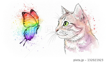 Whimsical watercolor cat gazing at butterflies in a dreamy, vibrant abstract world. 132021923