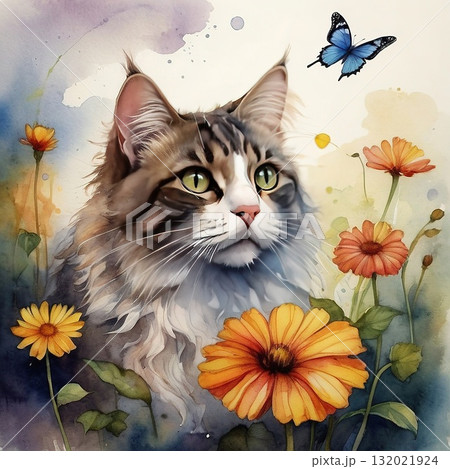 Whimsical watercolor cat gazing at butterflies in a dreamy, vibrant abstract world. 132021924