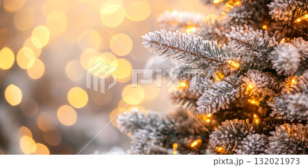 Close-up of a frosted Christmas tree branch with warm glowing lights and soft bokeh background. Festive holiday backdrop. 132021973