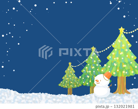 雪降る夜のクリスマスツリーと雪だるまの背景イラスト 雪降る夜のクリスマスツリーと雪だるまの背景イラスト 132021981