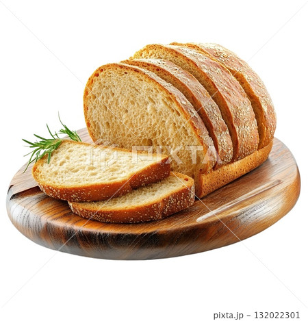 Sliced sourdough bread on a wooden board with a sprig of rosemary 132022301