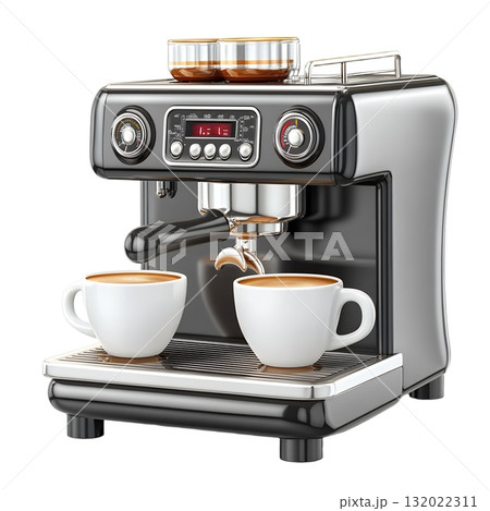 A sleek, black espresso machine prepares two cups of coffee 132022311