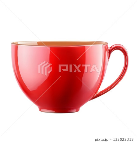 A bright red, glossy ceramic mug with a curved handle is shown on a white background A bright red, glossy ceramic mug with a curved handle is shown on a white background 132022315