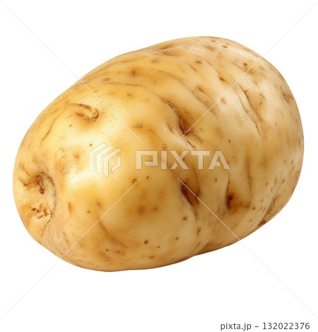 A single, unpeeled, yellowish potato with a rough, textured skin is shown against a white background 132022376