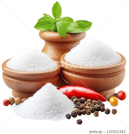 Wooden bowls overflowing with coarse salt, peppercorns, and a vibrant red chili pepper, garnished with fresh basil Wooden bowls overflowing with coarse salt, peppercorns, and a vibrant red chili pepper, garnished with fresh basil 132022381