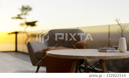 A fabric sofa or an armchair with a round wooden table on a terrace or a rooftop of restaurant. 132022514