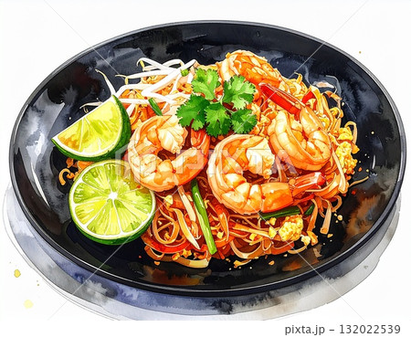 黒いお皿にのったパッタイ（タイ風やきそば）の水彩風イラスト 132022539
