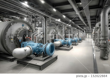 Industrial facility with pumps and pipelines. Clean, functional design suggests water treatment or power generation, modern infrastructure 132022664