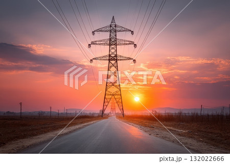An electrical tower rises majestically against the vibrant sunset, bisecting a road, creating a striking landscape scene, emphasizing power and infrastructure An electrical tower rises majestically against the vibrant sunset, bisecting a road, creating a striking landscape scene, emphasizing power and infrastructure 132022666
