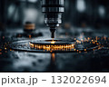 Precision machining with a modern CNC machine showcases industrial manufacturing and high technology, cutting metal with sparks flying and coolant 132022694
