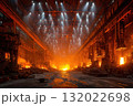 Industrial scene inside a vast steel mill, illuminated by bright lights reflecting off molten metal, showing the heat and intense conditions of metal production 132022698