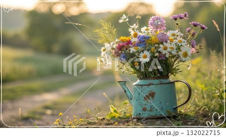 Rustic Flower Vase in Sunlit Garden.Turquoise watering can with wildflowers on grass, glowing in warm sunlight. Perfect for spring, nature, and romantic themes. Rustic Flower Vase in Sunlit Garden.Turquoise watering can with wildflowers on grass, glowing in warm sunlight. Perfect for spring, nature, and romantic themes. 132022715