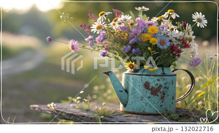 Rustic Flower Vase in Sunlit Garden.Turquoise watering can with wildflowers on grass, glowing in warm sunlight. Perfect for spring, nature, and romantic themes. 132022716