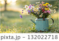 Rustic Flower Vase in Sunlit Garden.Turquoise watering can with wildflowers on grass, glowing in warm sunlight. Perfect for spring, nature, and romantic themes. Rustic Flower Vase in Sunlit Garden.Turquoise watering can with wildflowers on grass, glowing in warm sunlight. Perfect for spring, nature, and romantic themes. 132022718