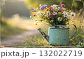 Rustic Flower Vase in Sunlit Garden.Turquoise watering can with wildflowers on grass, glowing in warm sunlight. Perfect for spring, nature, and romantic themes. Rustic Flower Vase in Sunlit Garden.Turquoise watering can with wildflowers on grass, glowing in warm sunlight. Perfect for spring, nature, and romantic themes. 132022719