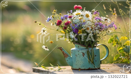 Rustic Flower Vase in Sunlit Garden.Turquoise watering can with wildflowers on grass, glowing in warm sunlight. Perfect for spring, nature, and romantic themes. Rustic Flower Vase in Sunlit Garden.Turquoise watering can with wildflowers on grass, glowing in warm sunlight. Perfect for spring, nature, and romantic themes. 132022721