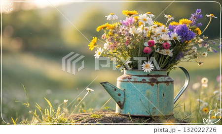 Rustic Flower Vase in Sunlit Garden.Turquoise watering can with wildflowers on grass, glowing in warm sunlight. Perfect for spring, nature, and romantic themes. 132022726