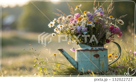 Rustic Flower Vase in Sunlit Garden.Turquoise watering can with wildflowers on grass, glowing in warm sunlight. Perfect for spring, nature, and romantic themes. 132022727