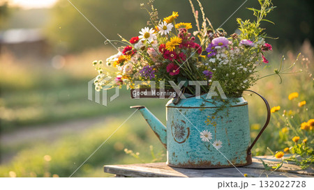 Rustic Flower Vase in Sunlit Garden.Turquoise watering can with wildflowers on grass, glowing in warm sunlight. Perfect for spring, nature, and romantic themes. 132022728