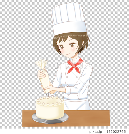 一位女糕點師在透明背景上裝飾蛋糕的插圖 132022766