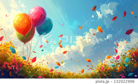 爽やかな草原と風に揺れるカラフルな風船 AI生成素材 爽やかな草原と風に揺れるカラフルな風船 AI生成素材 132022906