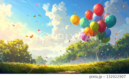 爽やかな草原と風に揺れるカラフルな風船　AI生成素材 132022907