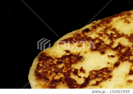 CLose up of fried potato cake fritter toasted brown tasty 132022930