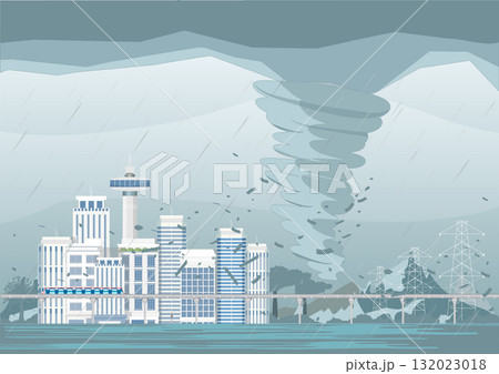 The heavy storm hit and damaged city .Storm Waterspout Twister. 132023018