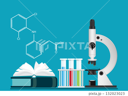 Vector illustration featuring a microscope, test tubes, and an open book with chemical formulas. 132023023