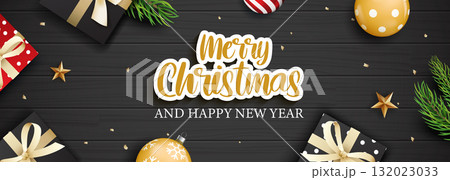 Merry christmas and happy new year greeting card banner with gifts and decorations. Merry christmas and happy new year greeting card banner with gifts and decorations. 132023033