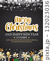 Elegant christmas greeting card with gifts and decorations background. 132023036
